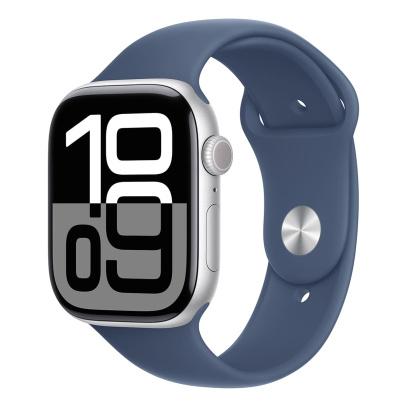 Apple Watch Series 10, 46 мм корпус из алюминия цвета «Silver», ремешок Sport Band размера M/L цвета «Denim»