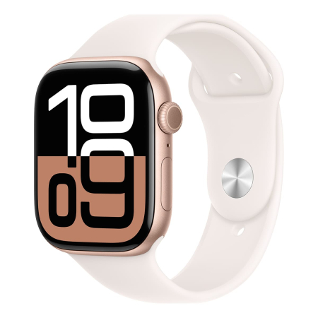 Apple Watch Series 10, 46 мм корпус из алюминия цвета «Rose Gold», ремешок Sport Band размера S/M цвета «Light Blush» Apple Watch Series 10, 46 мм корпус из алюминия цвета «Rose Gold», ремешок Sport Band размера S/M цвета «Light Blush»