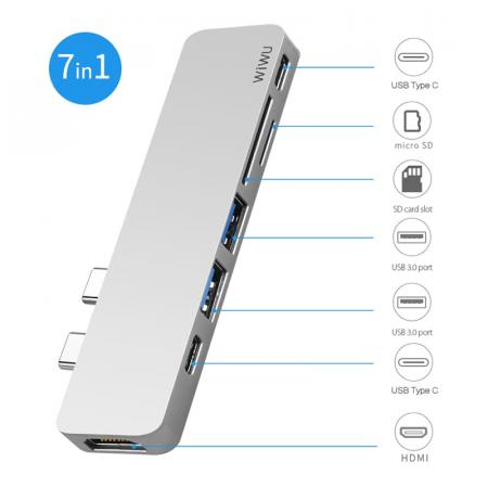 Хаб WiWU 2*USB3.0+2*Type-C+HDMI+SD+TF (T8) Серый Хаб WiWU 2*USB3.0+2*Type-C+HDMI+SD+TF (T8) Серый