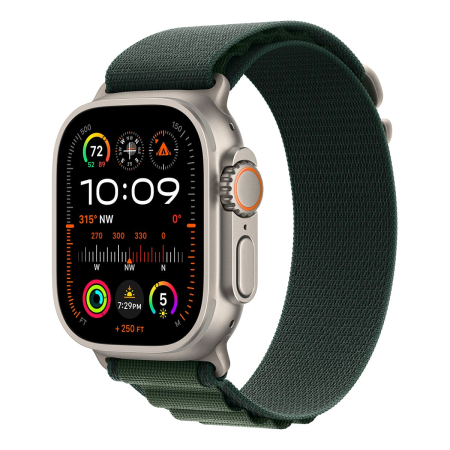 Apple Watch Ultra 2 (2024), 49 мм корпус из титана цвета «Natural», ремешок Alpine Loop размера S цвета «Dark Green» Apple Watch Ultra 2 (2024), 49 мм корпус из титана цвета «Natural», ремешок Alpine Loop размера S цвета «Dark Green»
