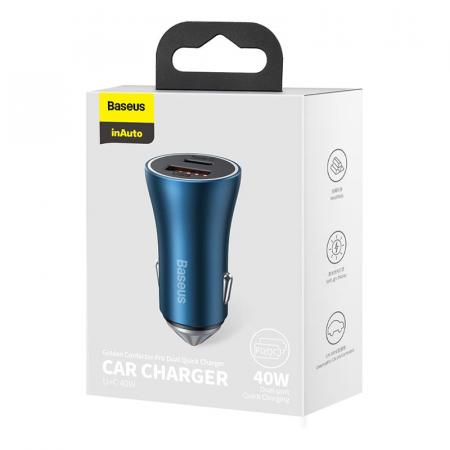 Автомобильное зарядное устройство Baseus Golden Contactor Pro Dual Quick Charger Car Charger U+C 40W (CCJD-03) Синий Автомобильное зарядное устройство Baseus Golden Contactor Pro Dual Quick Charger Car Charger U+C 40W (CCJD-03) Синий