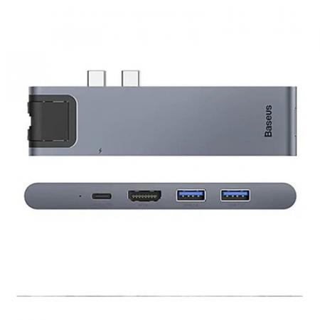 Переходник Baseus для MacBook HUB TB3 C+ (Dual Type-C to USB3.0/HDMI/Type-C/SD/Micro/LAN) (CAHUB-L0G) Deep Grey, темно-серый Переходник Baseus для MacBook HUB TB3 C+ (Dual Type-C to USB3.0/HDMI/Type-C/SD/Micro/LAN) (CAHUB-L0G) Deep Grey, темно-серый
