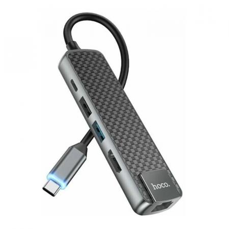 Type-C хаб hoco. для Macbook HDMI+USB3.0+USB2.0+RJ45+PD (HB23) Черный Type-C хаб hoco. для Macbook HDMI+USB3.0+USB2.0+RJ45+PD (HB23) Черный